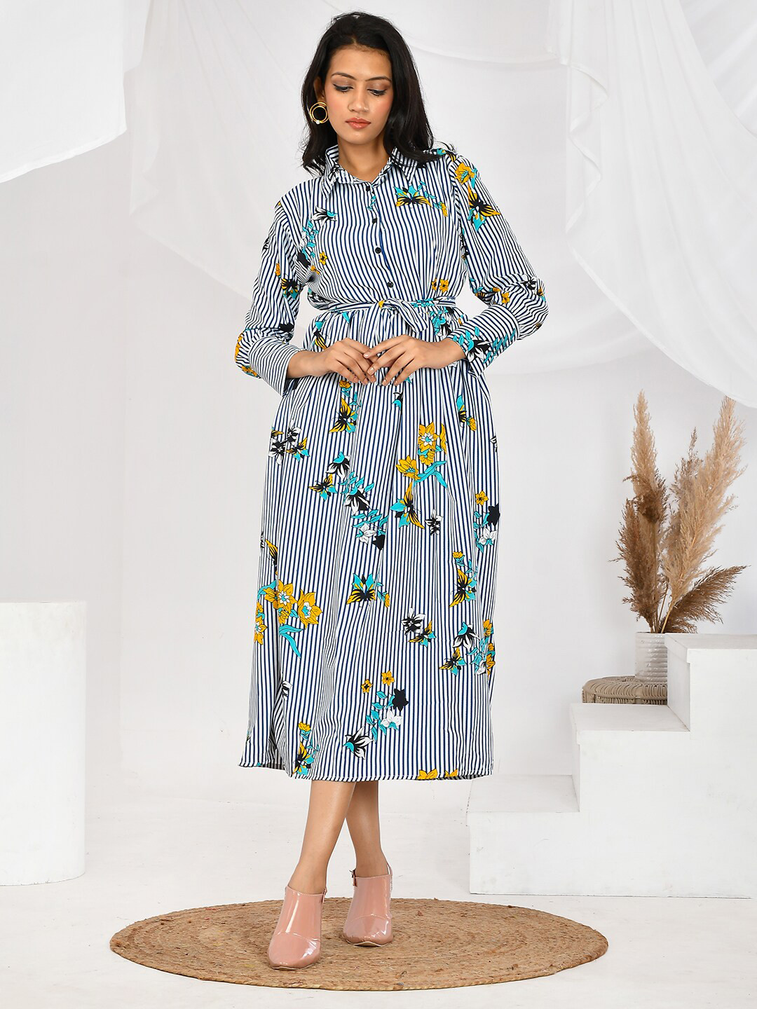 BAESD Flower Printed Shirt Collar Cuffed Sleeve Tie-Up Detail Midi Shirt Dress