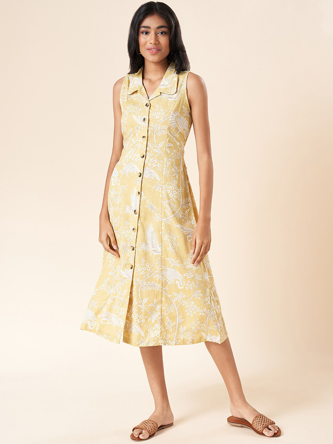 AKKRITI BY PANTALOONS Floral Printed Notch Lapel Collar Shirt Style Cotton Midi Dress