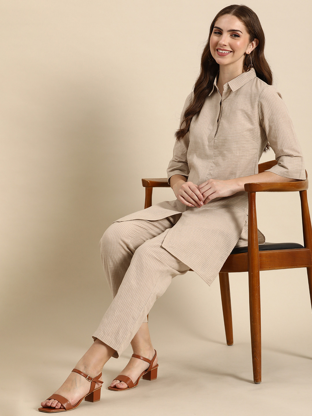 Anouk Beige Striped Tunic with Trousers