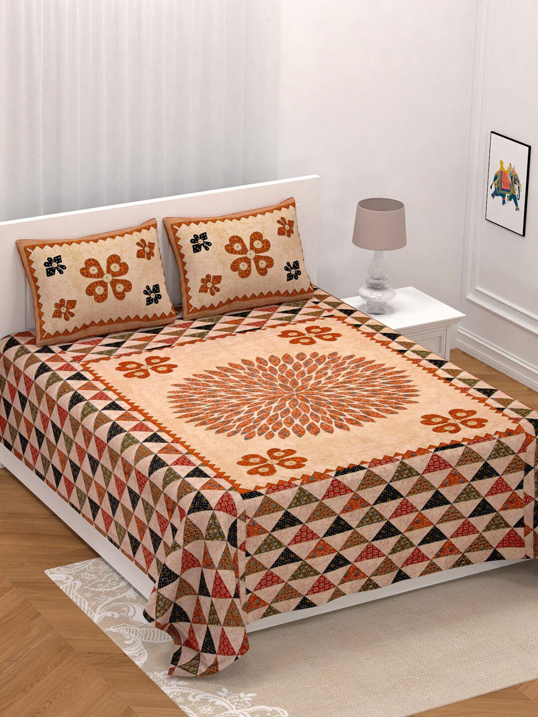 UNIQCHOICE Rr Creations Beige Geometric Cotton 210 TC King Fine Bedsheet with 2 Pillow Covers-106 x 89 inches