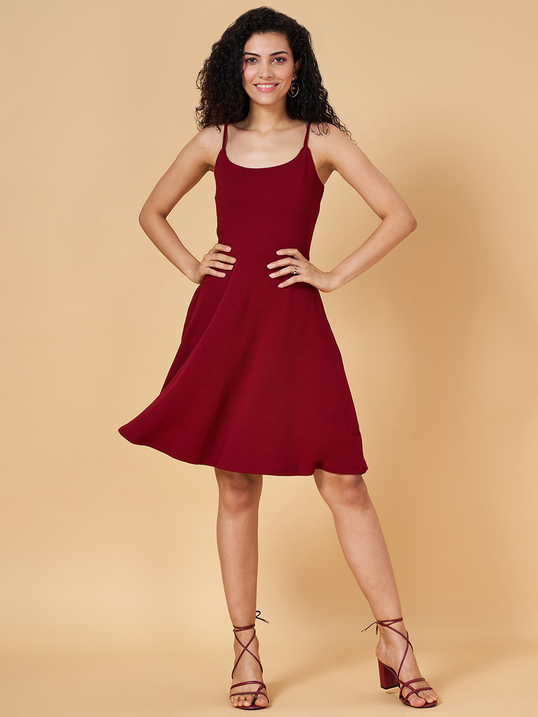 People Maroon Shoulder Straps Sleeveless A-Line Dress
