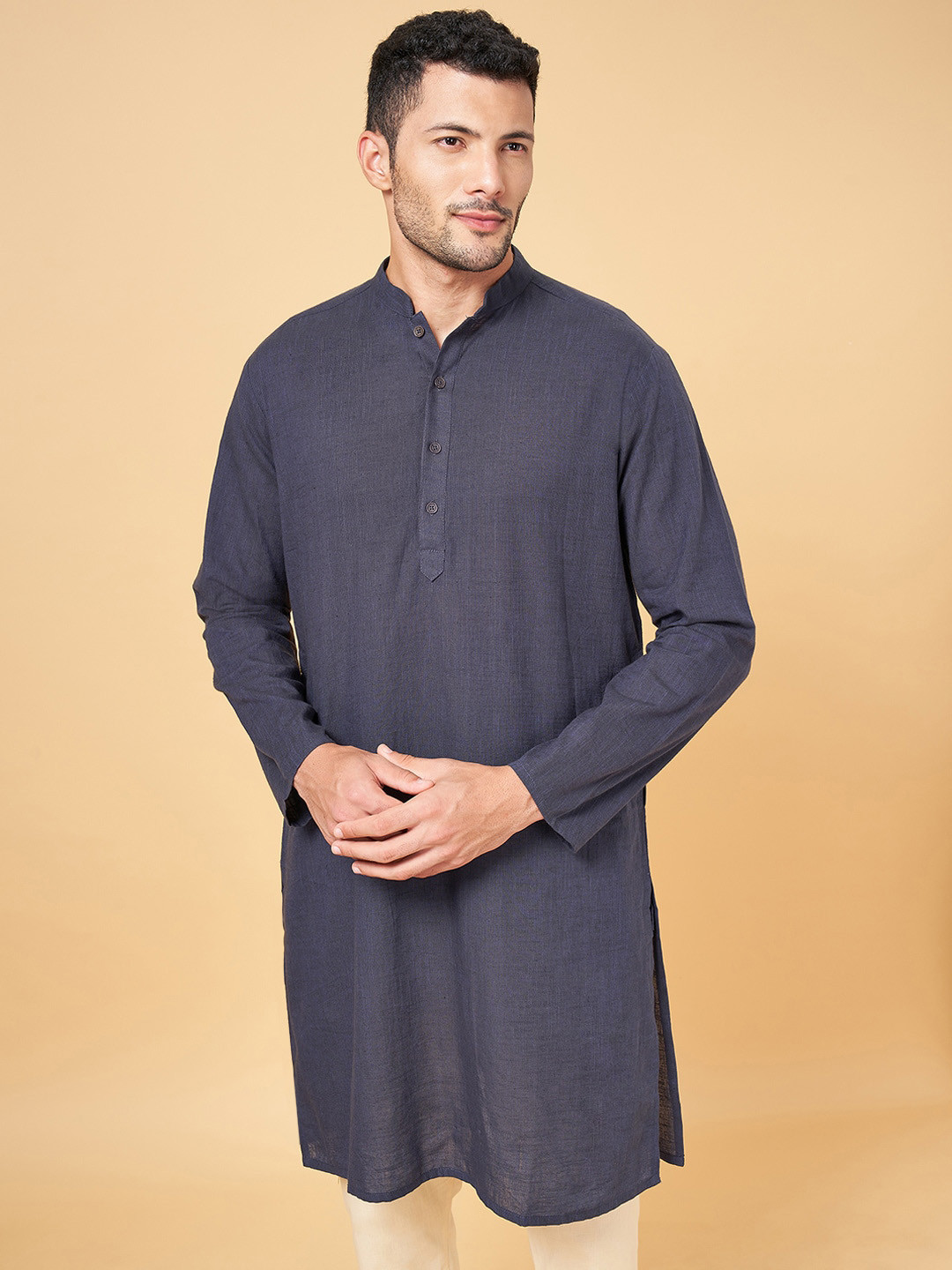 indus route by Pantaloons Men Navy Blue Thread Work Kurta