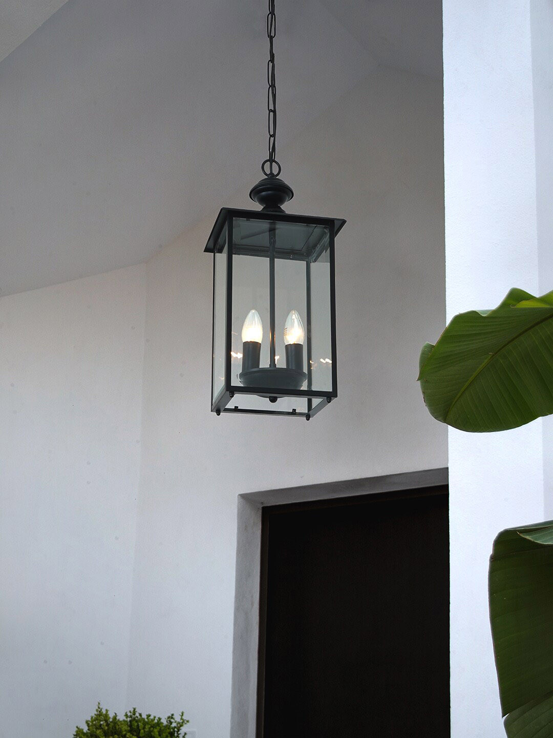 Fos Lighting Black Steel & Glass Transitional Dual Light Hanging Ceiling Lamp