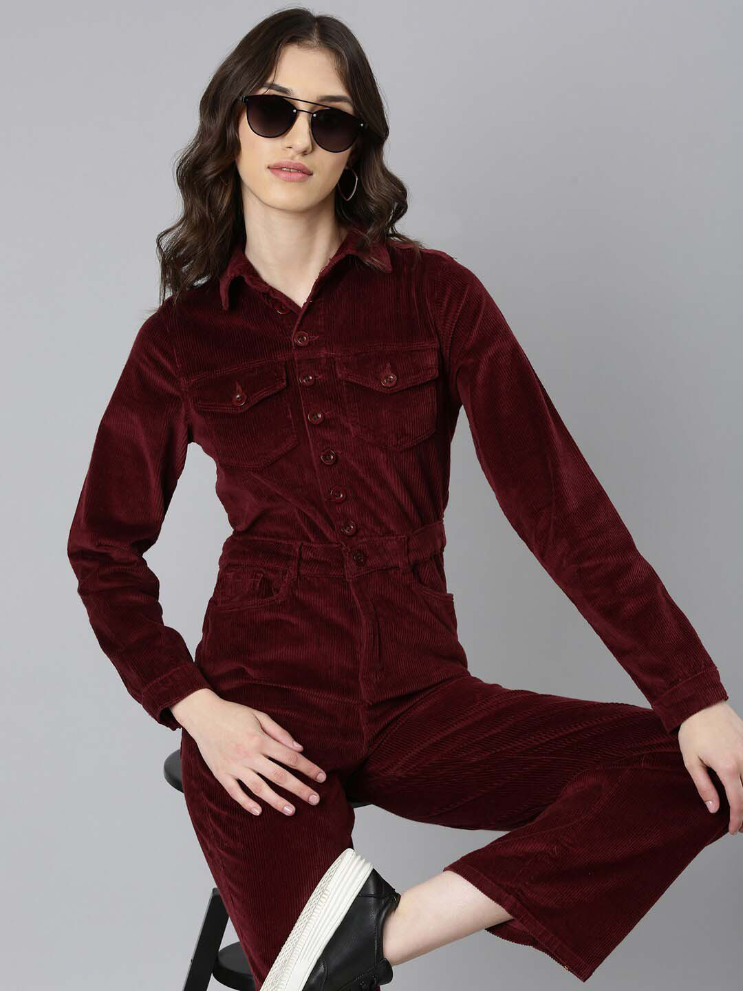 SHOWOFF Shirt Collar Cotton Basic Jumpsuit
