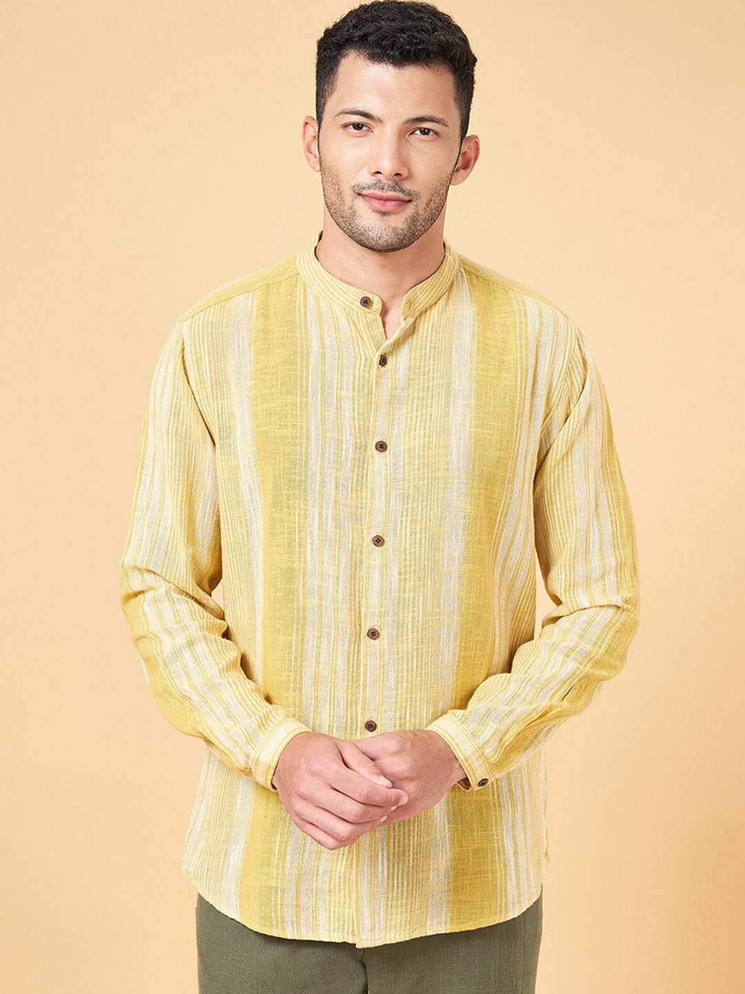 7 Alt by Pantaloons Vertical Striped Band Collar Casual Cotton Shirt