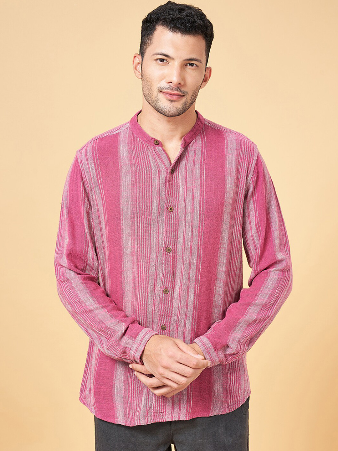 7 Alt by Pantaloons Band Collar Striped Casual Cotton Shirt