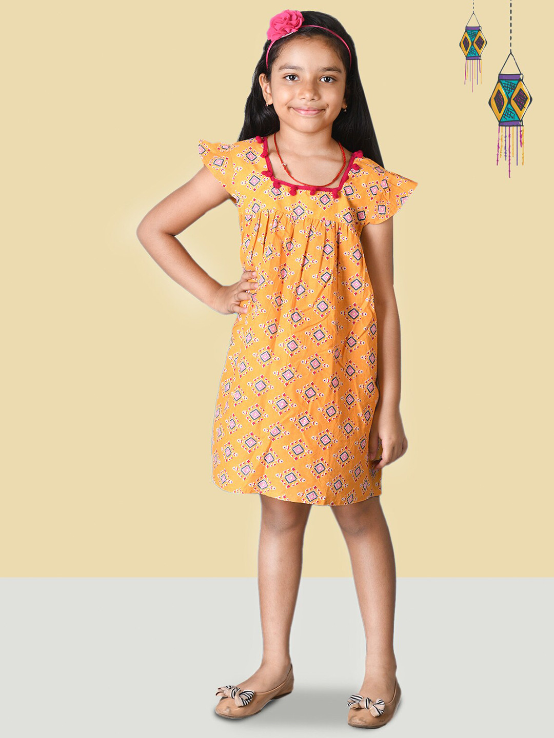 Kids On Board Girls Geometric Print Cotton A-Line Dress