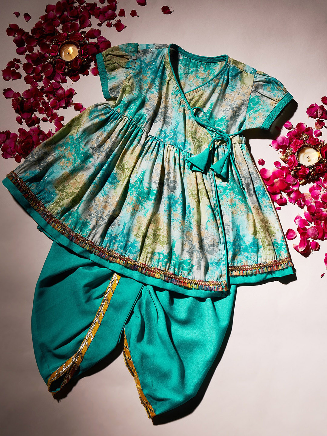 Stylo Bug Girls Printed Angrakha Kurti With Dhoti Pants