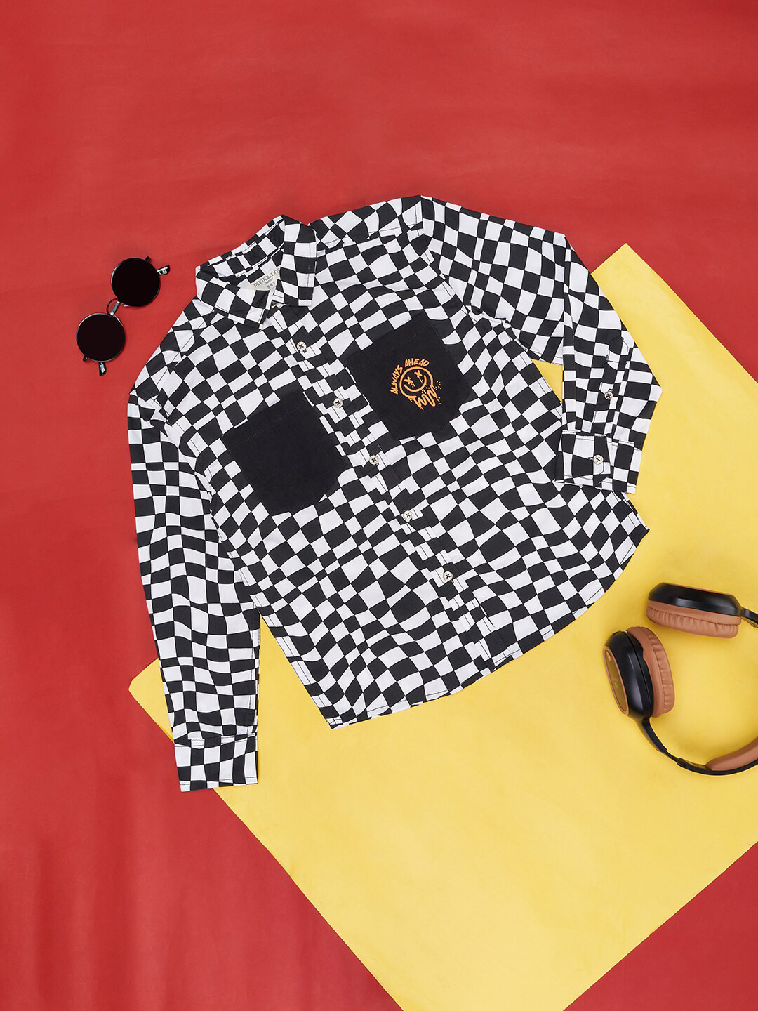 Pantaloons Junior Boys Checkerboard Printed Spread Collar Cotton Casual Shirt