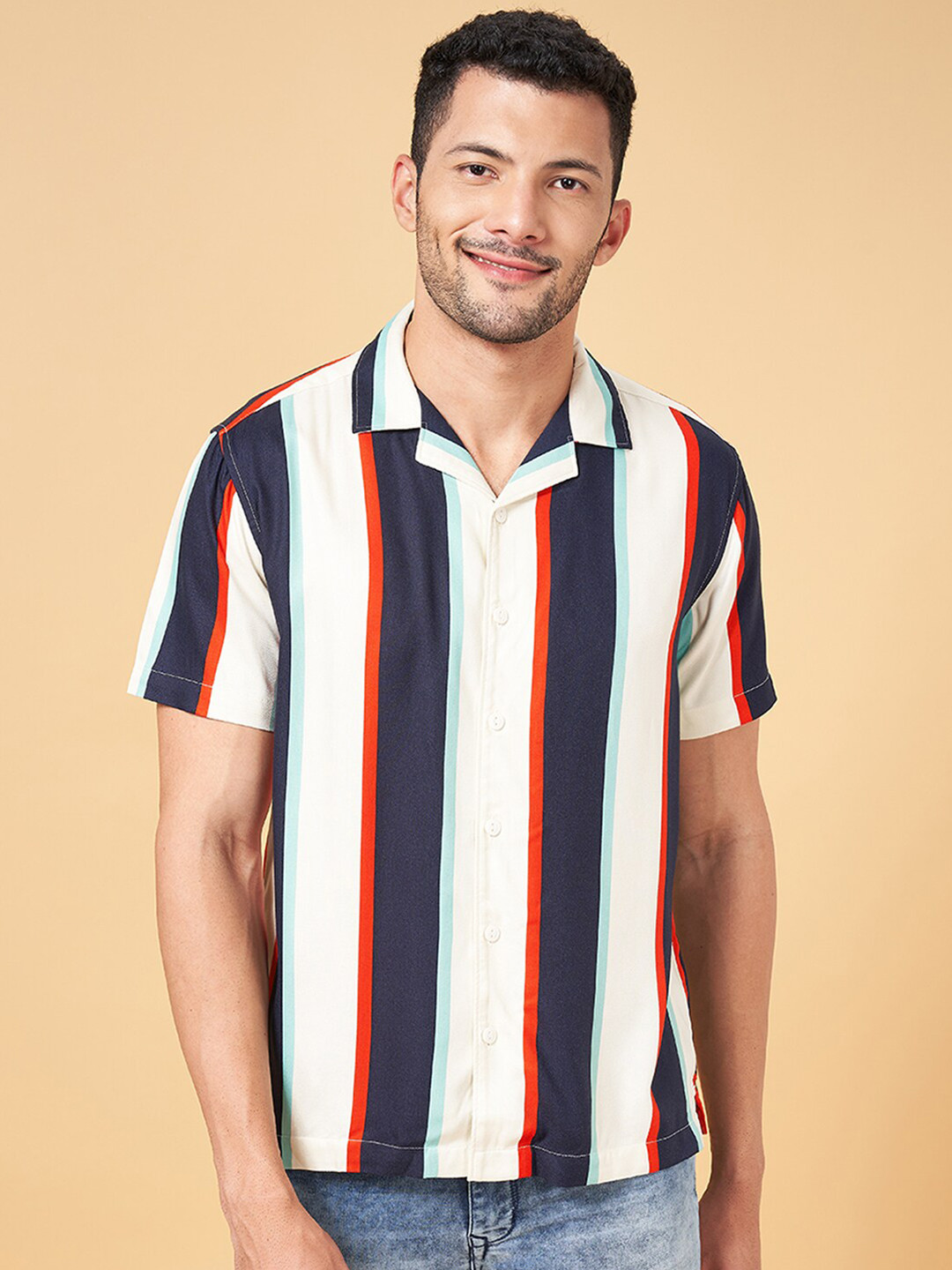 People Navy Blue Slim Fit Striped Spread Collar Casual Shirt