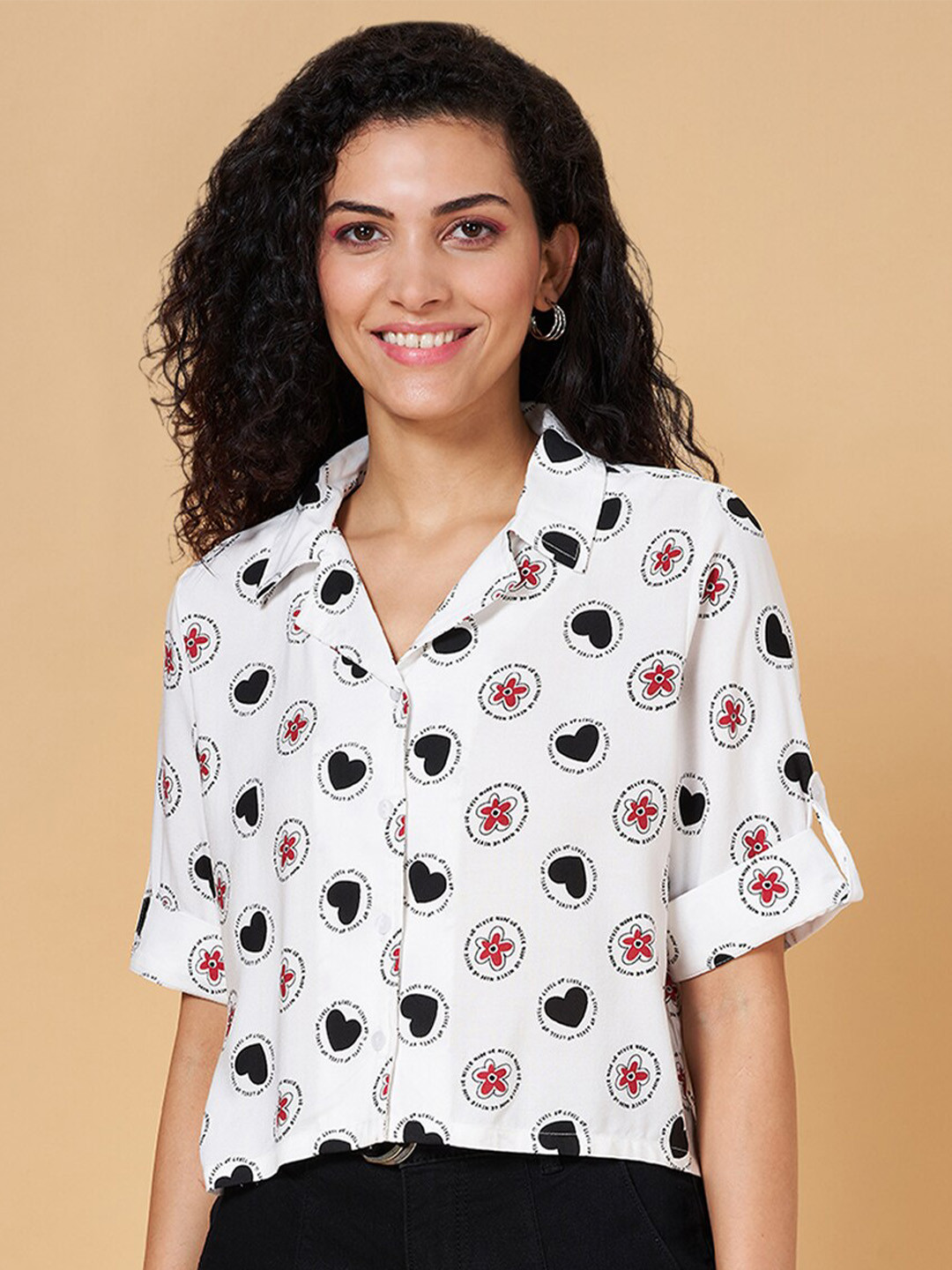 People White Floral Printed Cuban Collar Casual Shirt