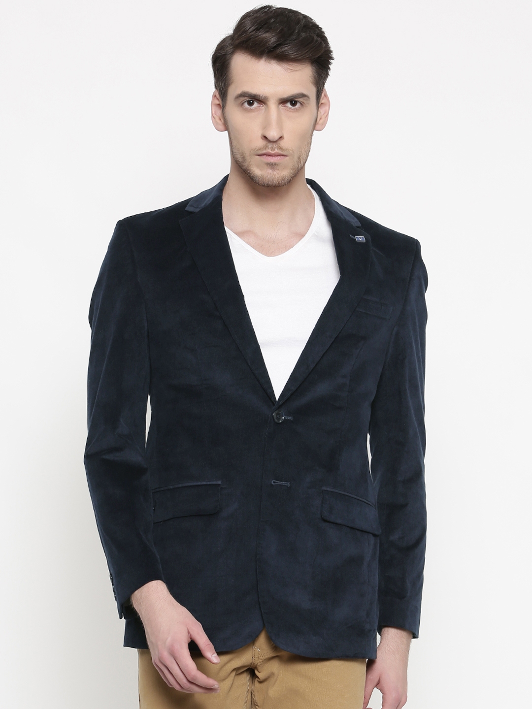 Buy Allen Solly Men Navy Corduroy Single Breasted Slim Nottingham