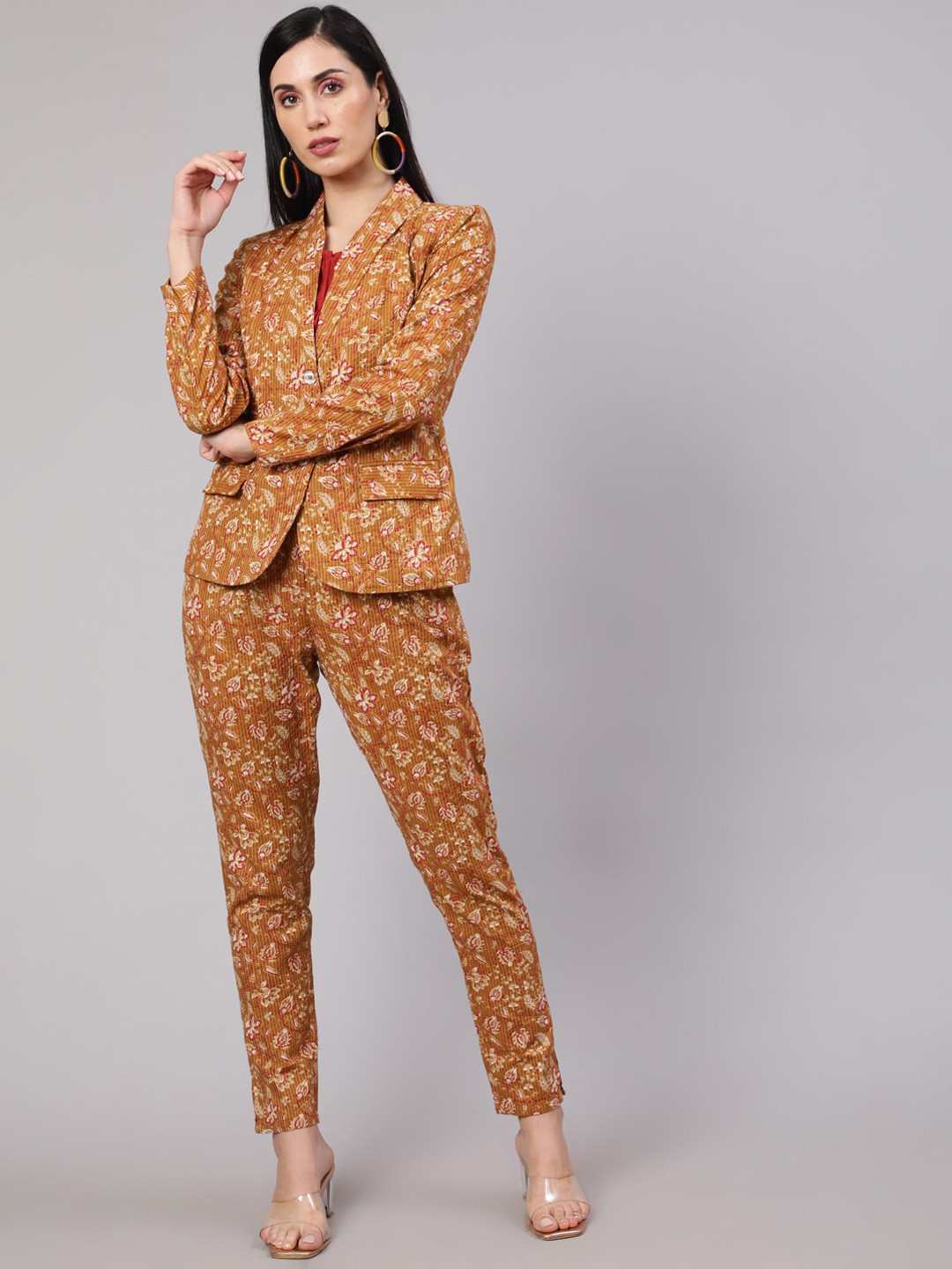 AKS Floral Printed Pure Cotton Blazer & Pant Co-Ords Set