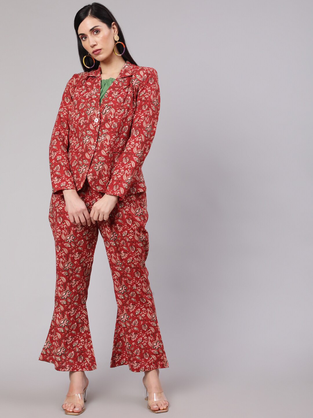 AKS Floral Printed Kantha Work Pure Cotton Blazer With Trousers