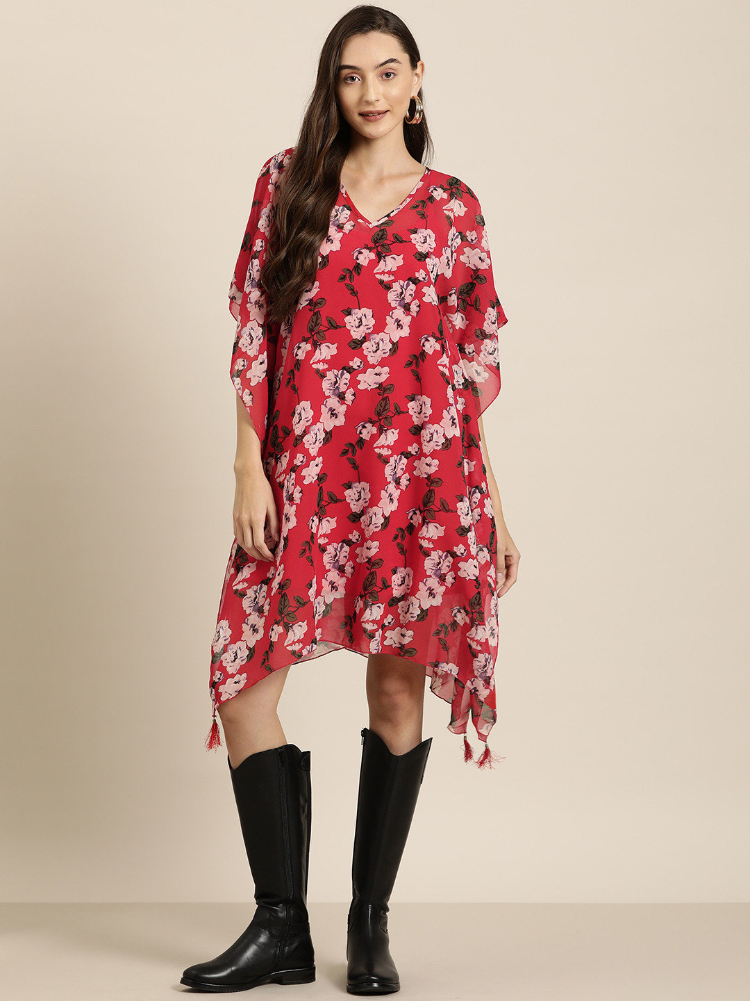 Qurvii Floral Print Kimono Sleeves Georgette Kaftan Dress