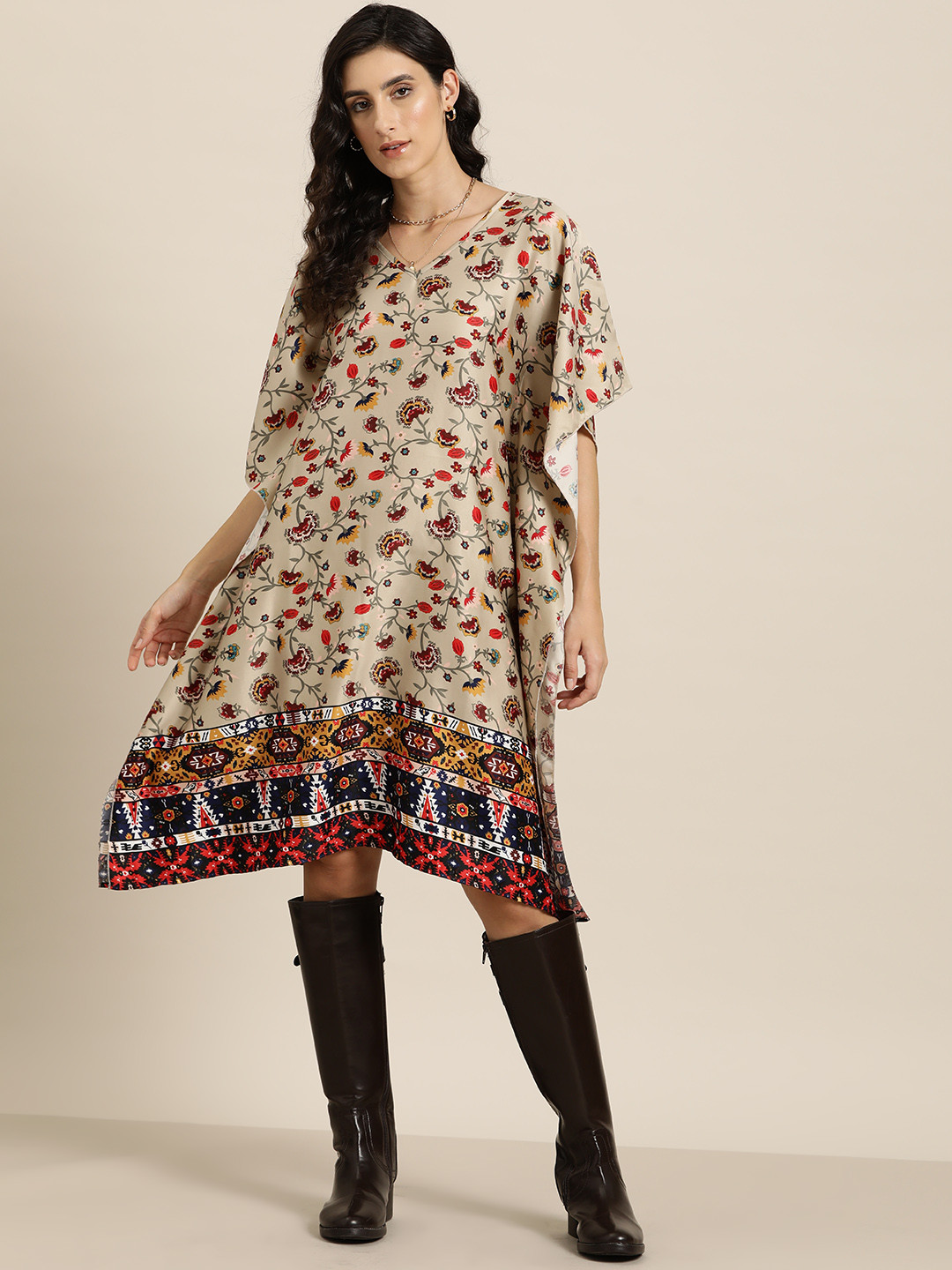 Qurvii Floral Print Kimono Sleeve Satin Kaftan Dress