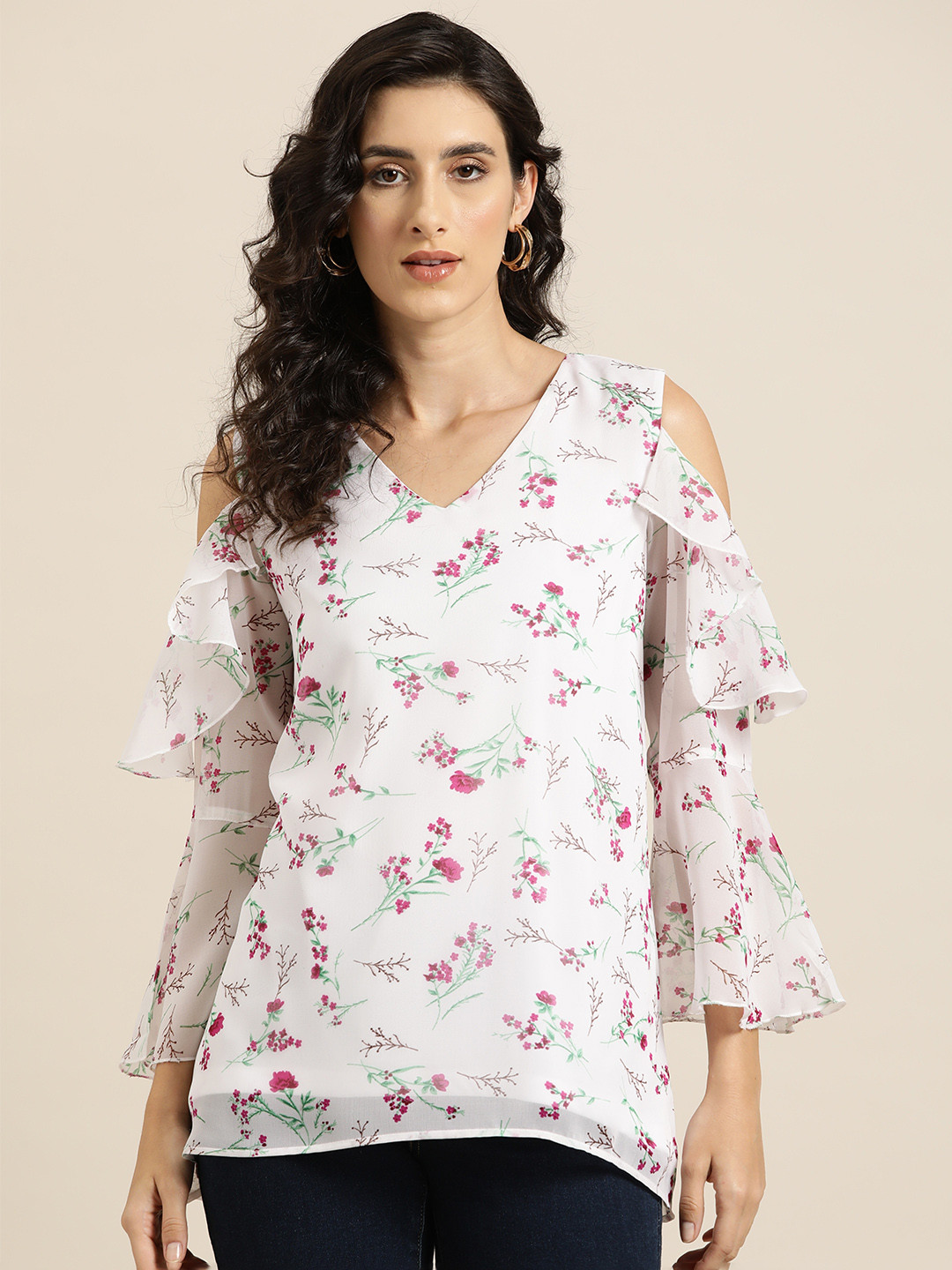 Qurvii White Floral Print Cold-Shoulder Ruffles Georgette Top