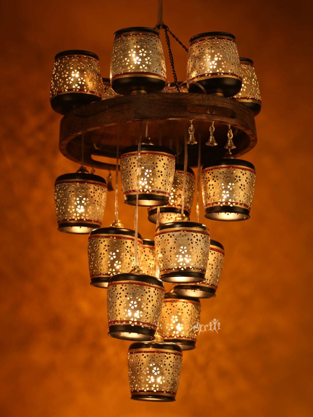 AAKRITI ART CREATIONS Gold Toned & Brown Moon-18 Chandelier With Metal Hanging Lamp