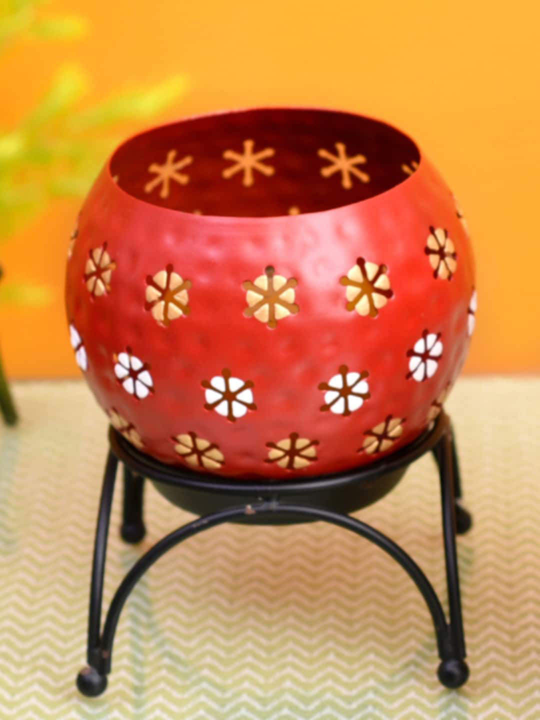 AAKRITI ART CREATIONS Red Round Shape Polka Tealight With Metal Stand