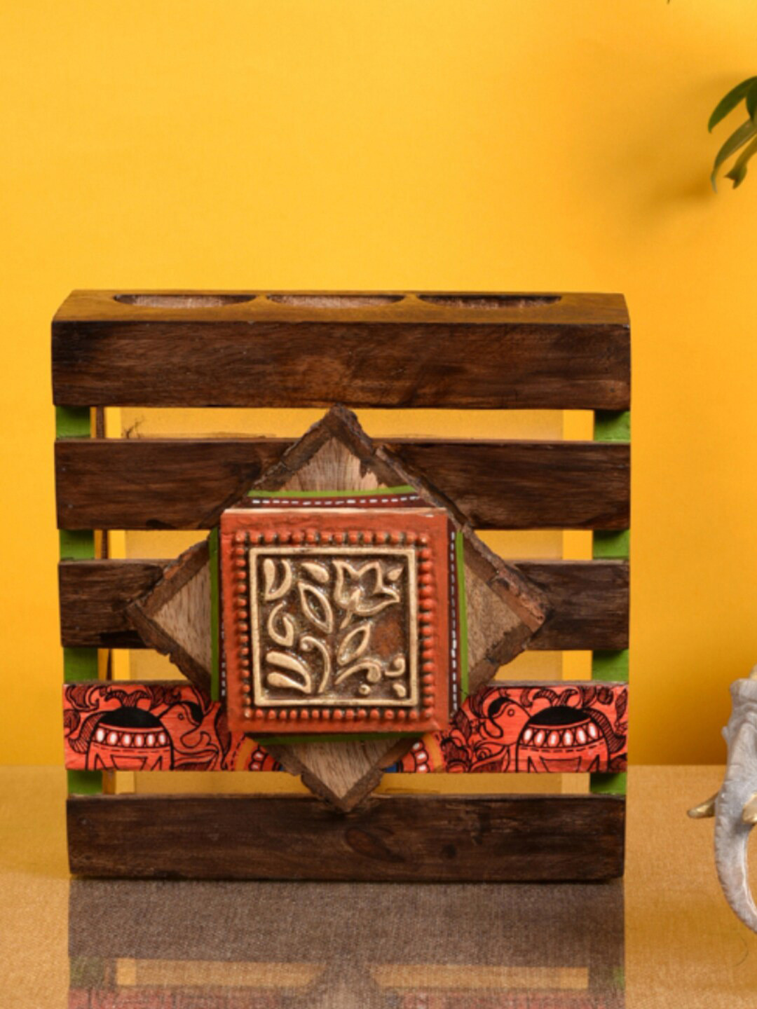 AAKRITI ART CREATIONS Brown & Orange-Colored Printed Rectangle Wooden Wall Lamps
