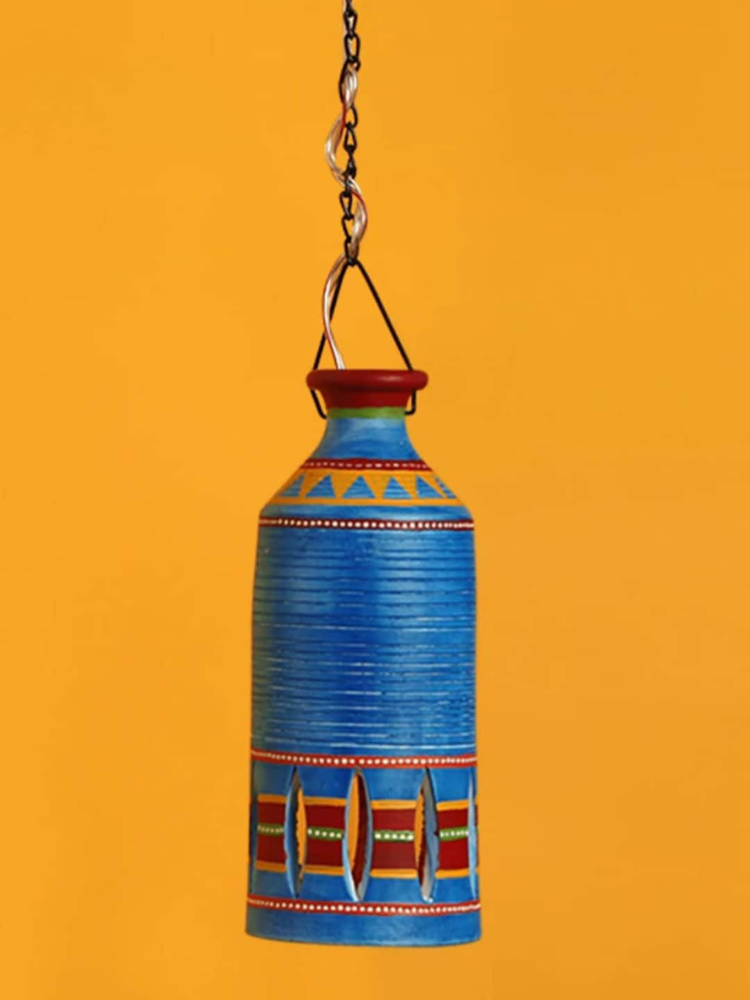 AAKRITI ART CREATIONS Roma-C Blue Printed Terracotta Pendant Ceiling Lamp