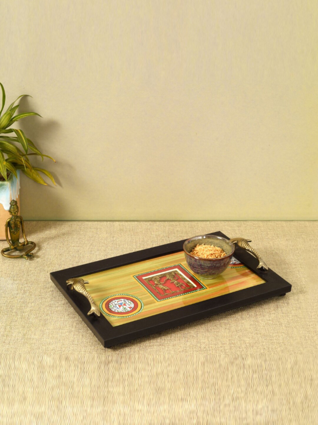 AAKRITI ART CREATIONS Green & Red Dhokra Serving Small Tray