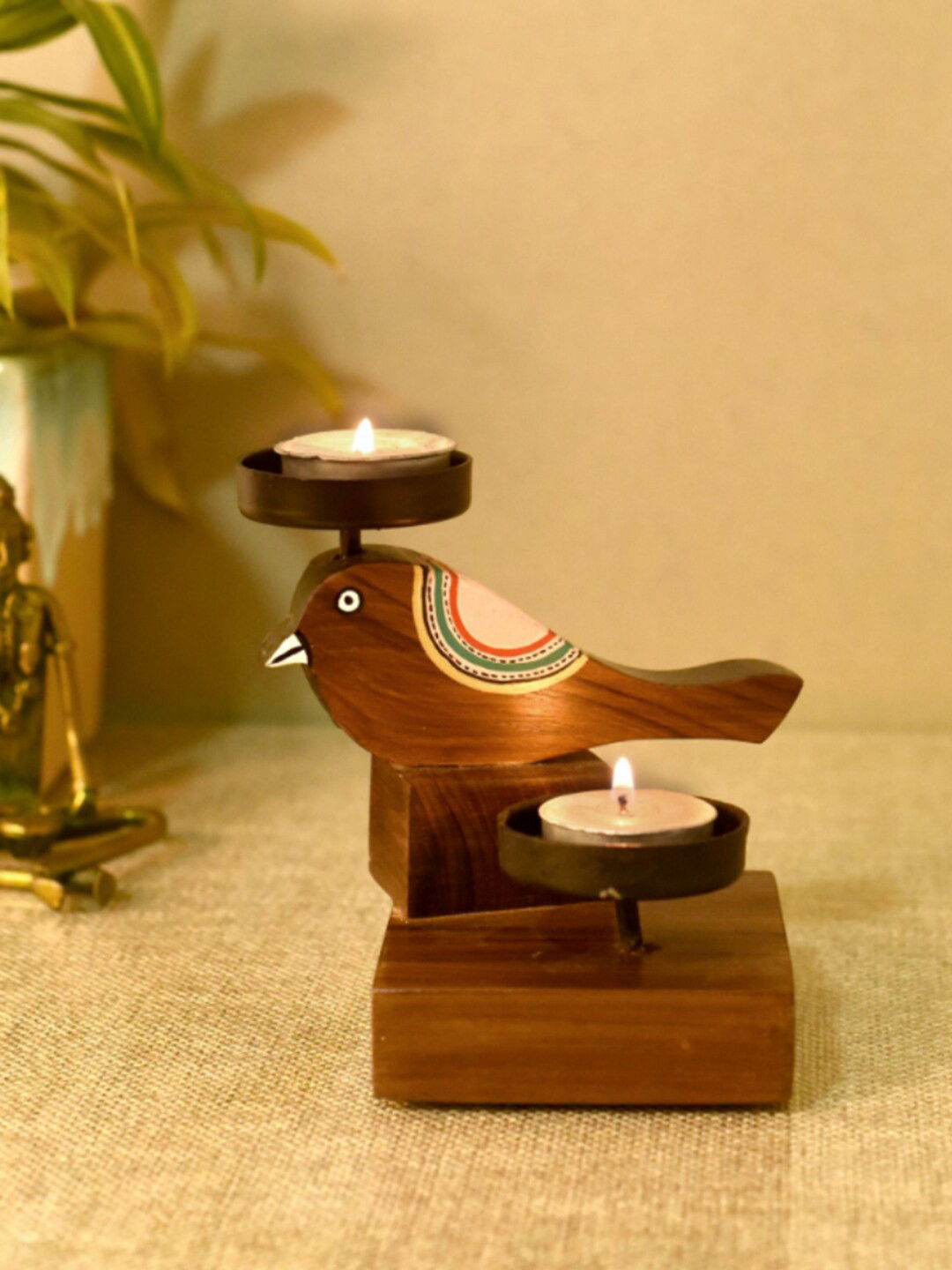 AAKRITI ART CREATIONS Brown Chirping Bird Tealight Candle Holder