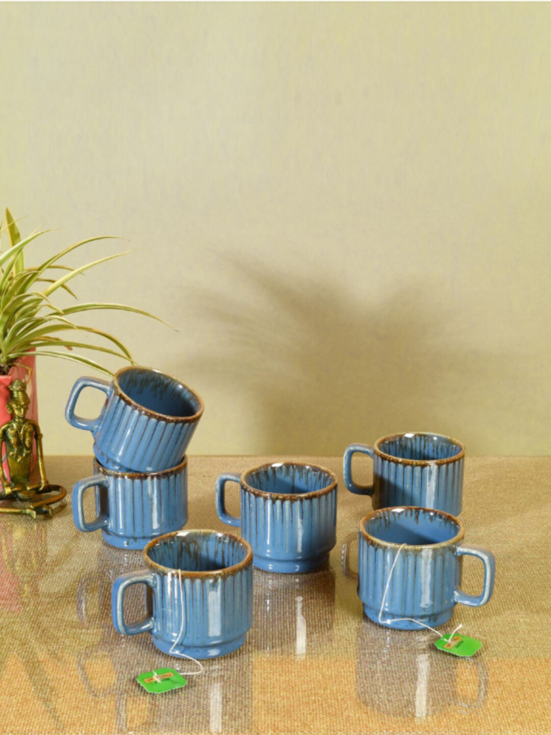 AAKRITI ART CREATIONS Raj Name Personalised Blue Textured Ceramic Handmade 6 Piece Cups-150ml