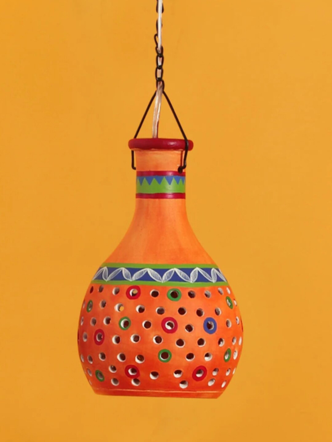 AAKRITI ART CREATIONS Ruso-E Orange & Blue Printed Terracotta Pendant Ceiling Lamp