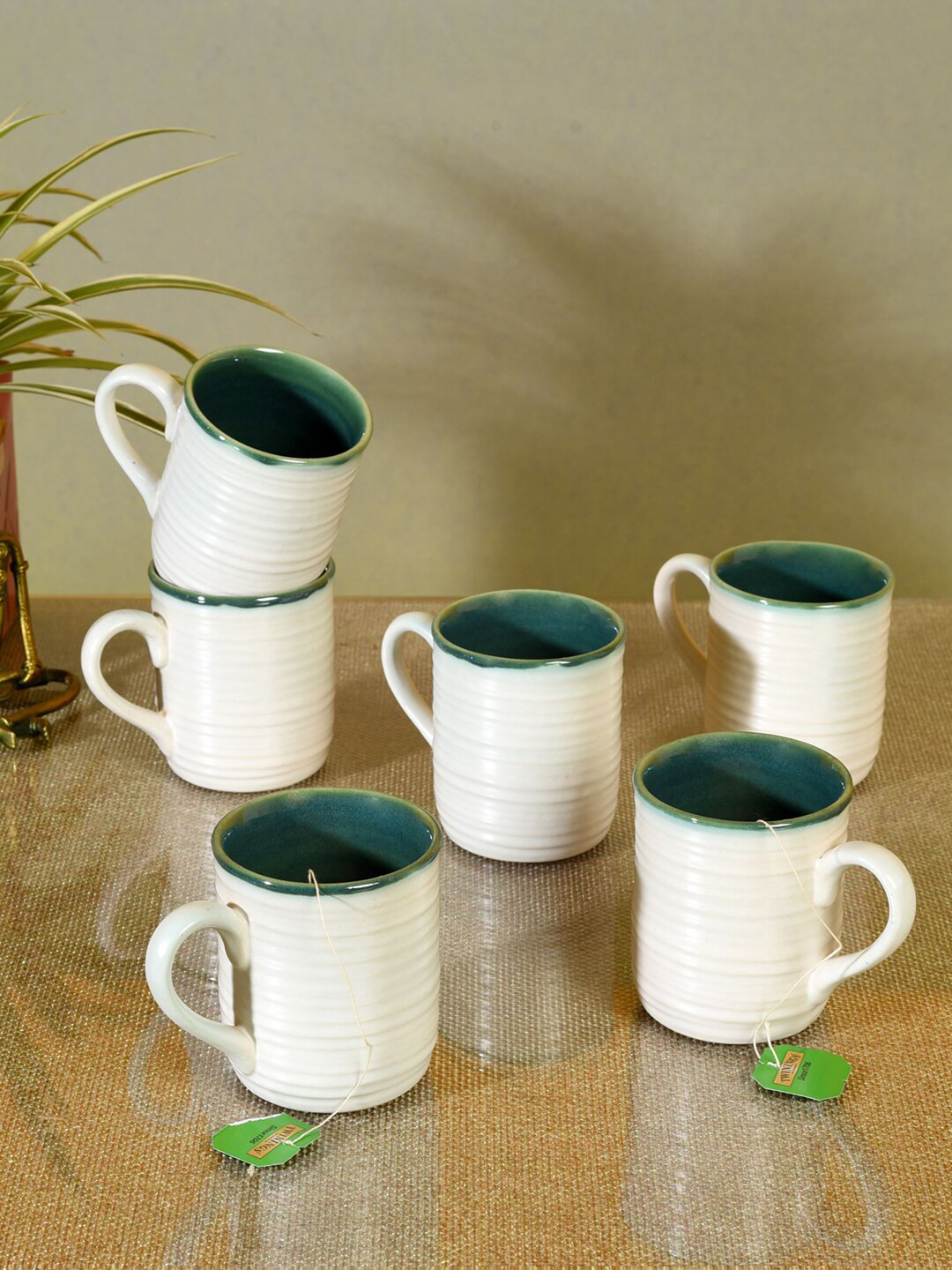 AAKRITI ART CREATIONS Flask Shaped White Textured Ceramic Microwave Safe 6 Piece Cups-150ml