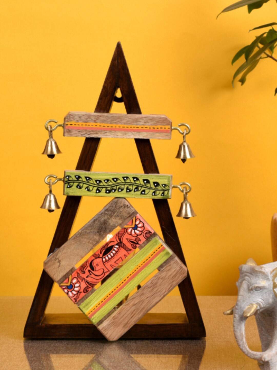 AAKRITI ART CREATIONS Brown & Green Printed Triangle Wooden Wall Lamps