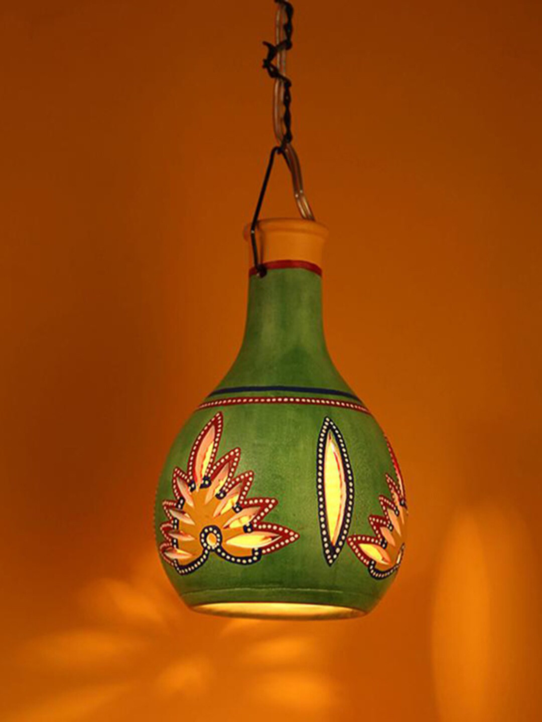 AAKRITI ART CREATIONS Ruso-D Green Printed Terracotta Pendant Ceiling Lamp