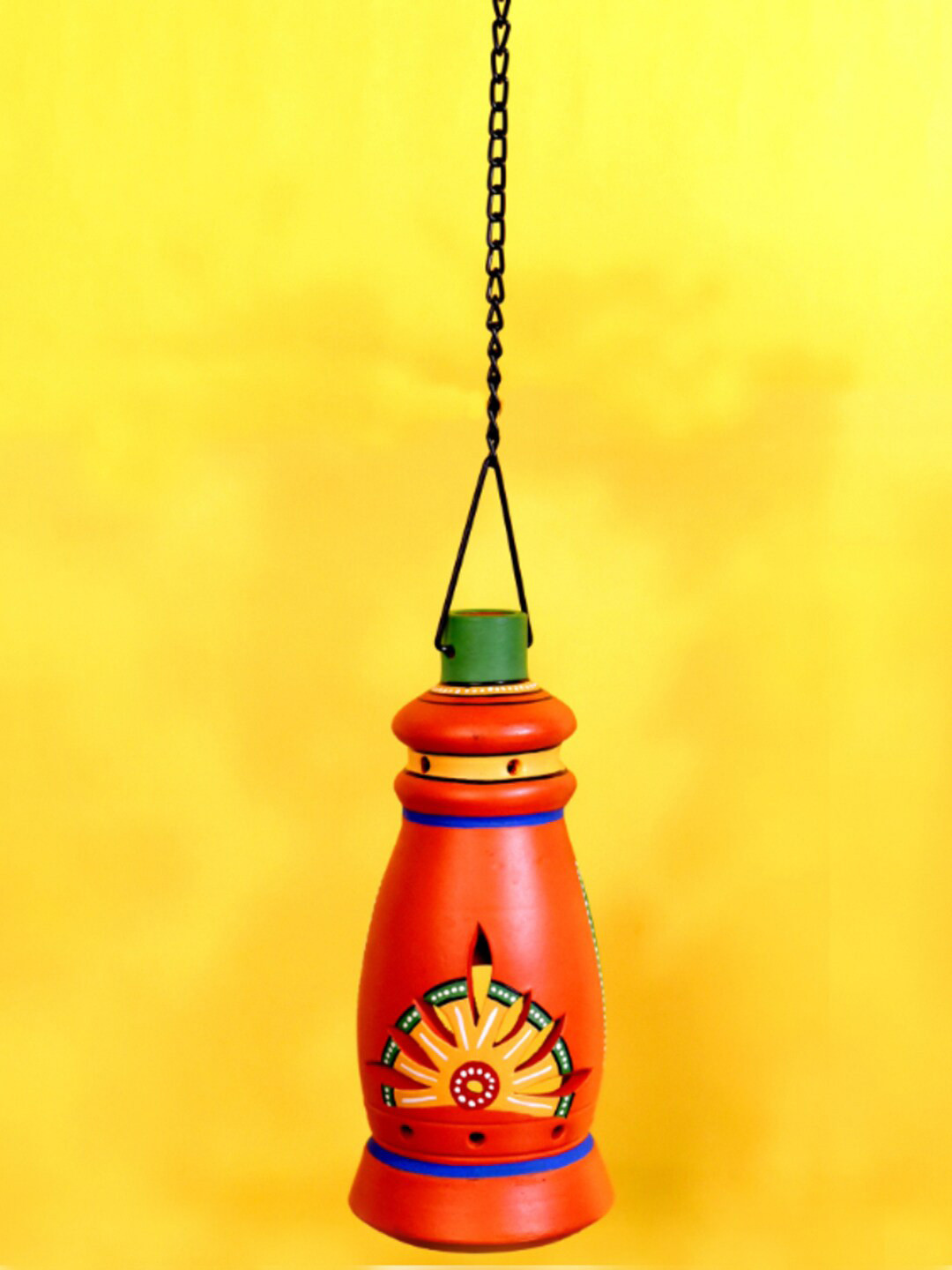 AAKRITI ART CREATIONS Orange-Colored & Green Printed Terracotta Tea light Holder