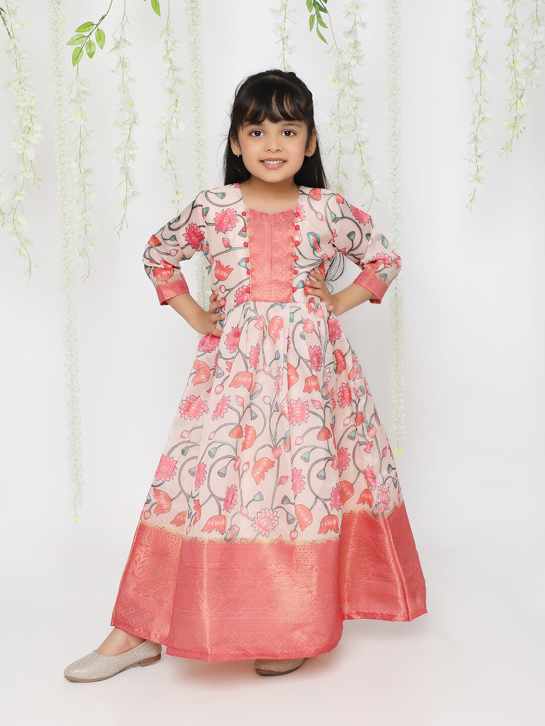 KID1 Girs Peach & Red Floral Printed Round Neck Gathered Maxi Ethnic Dress