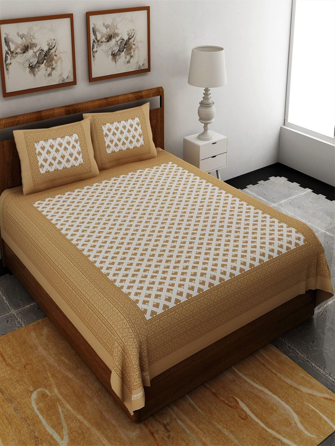 UNIQCHOICE Brownpatang Brown Geometric Pure Cotton 120 TC Queen Bedsheet with 2 Pillow Covers-235 x 215 cm