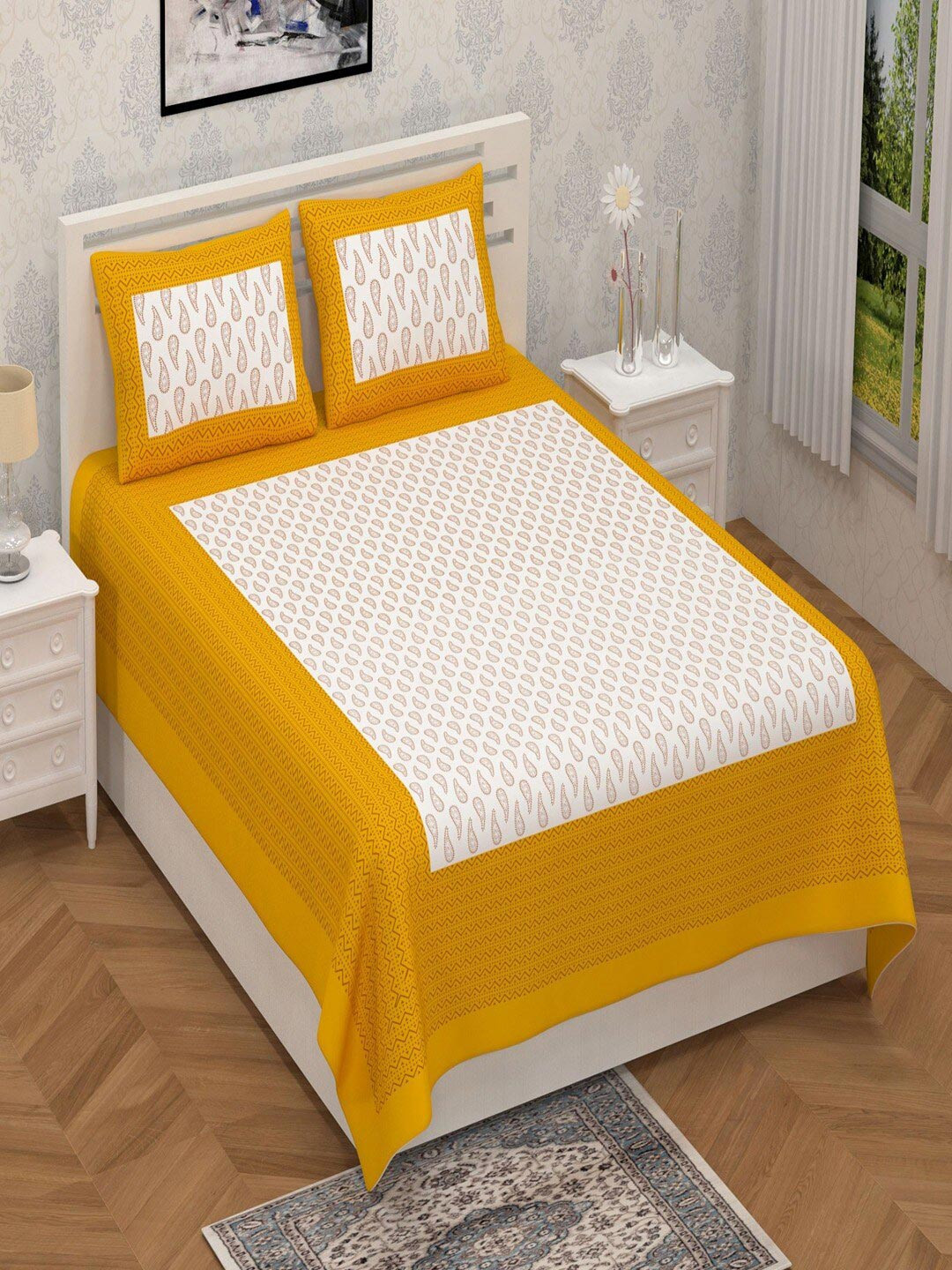 UNIQCHOICE Yellow Paisley Cotton 120 TC Queen Bedsheet with 2 Pillow Covers-93 x 85 inches