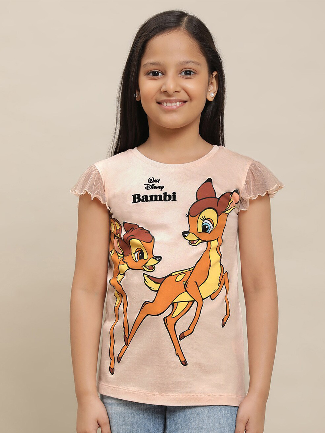 Kids Ville Girls Bambi Printed Cap Sleeves Pure Cotton Tshirt