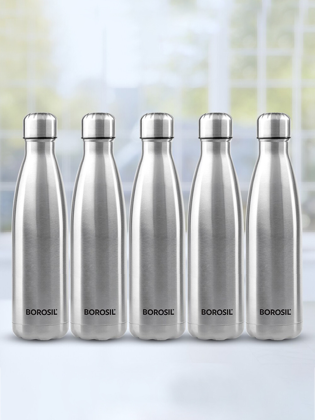 BOROSIL Bolt Silver Solid Stainless Steel Single Wall Vacuum 5 Piece Water Bottle - 1L