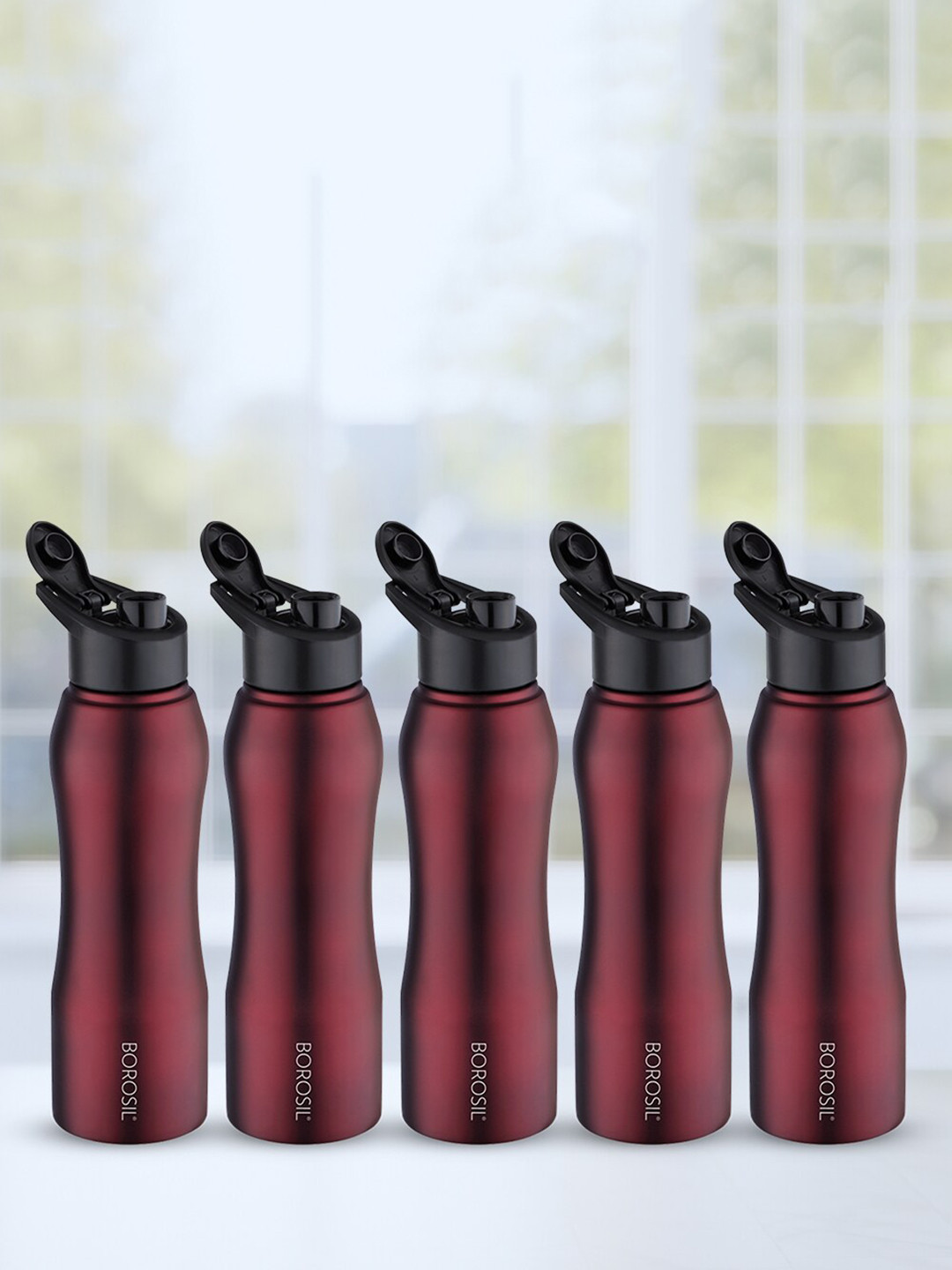 BOROSIL Grip N Sip 5-Pieces Maroon Single Wall Bottle 750 ml Each