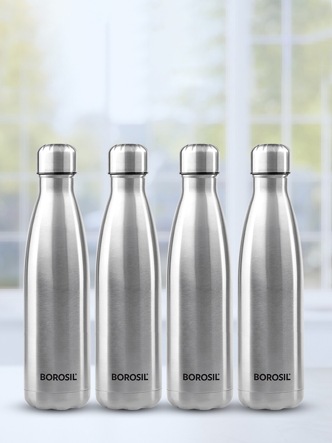 BOROSIL Bolt Silver Solid Stainless Steel Single Wall Vacuum 4 Piece Water Bottle - 1L
