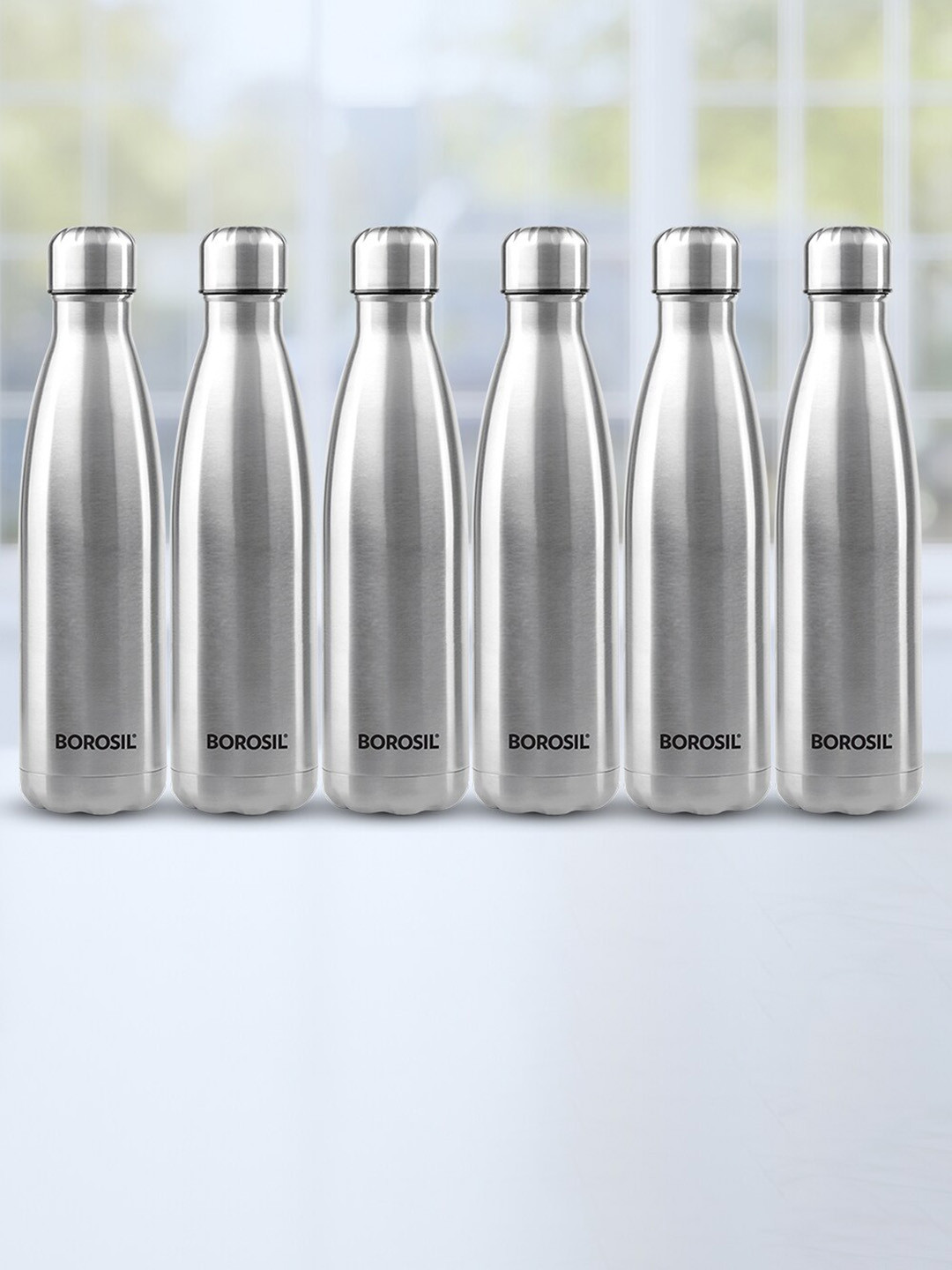 BOROSIL Bolt Silver Solid Stainless Steel Single Wall Vacuum 6 Piece Water Bottle - 1L