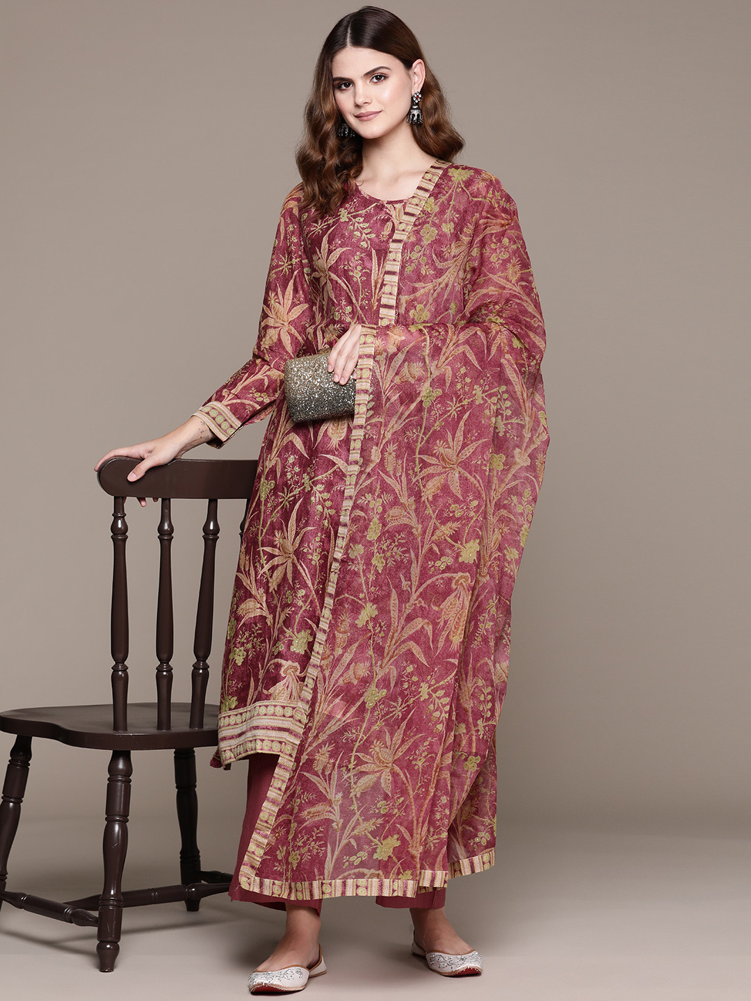 Ritu Kumar Floral Print Chanderi Kurta with Palazzos & Dupatta