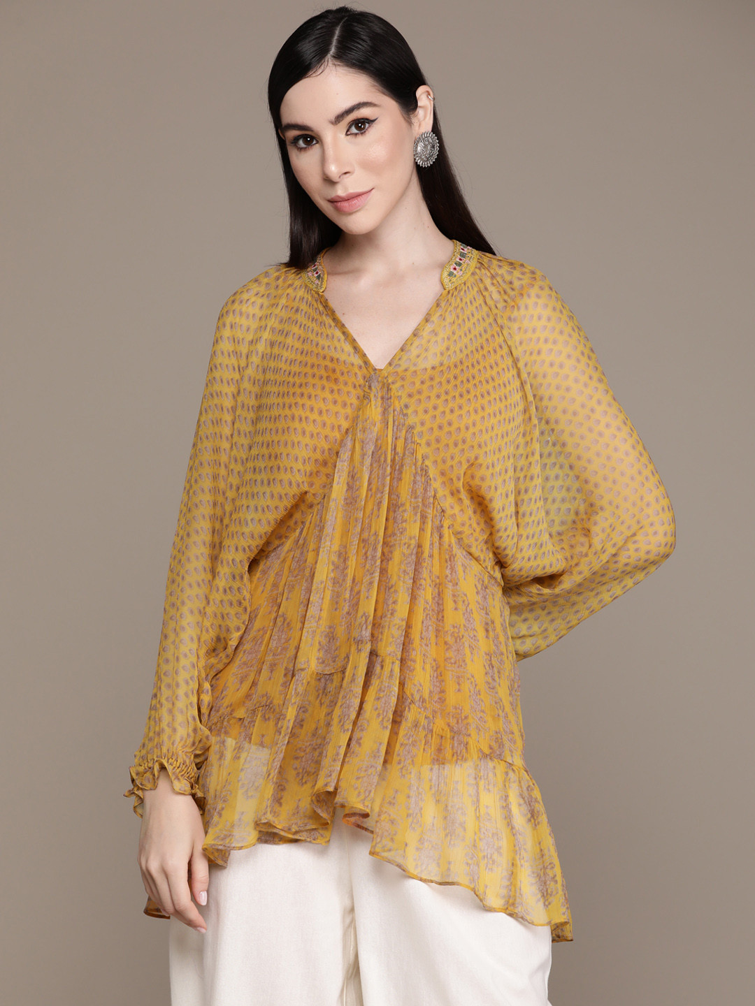 Ritu Kumar Yellow Ethnic Motifs Printed V-Neck Pleated Kurti with Camisole