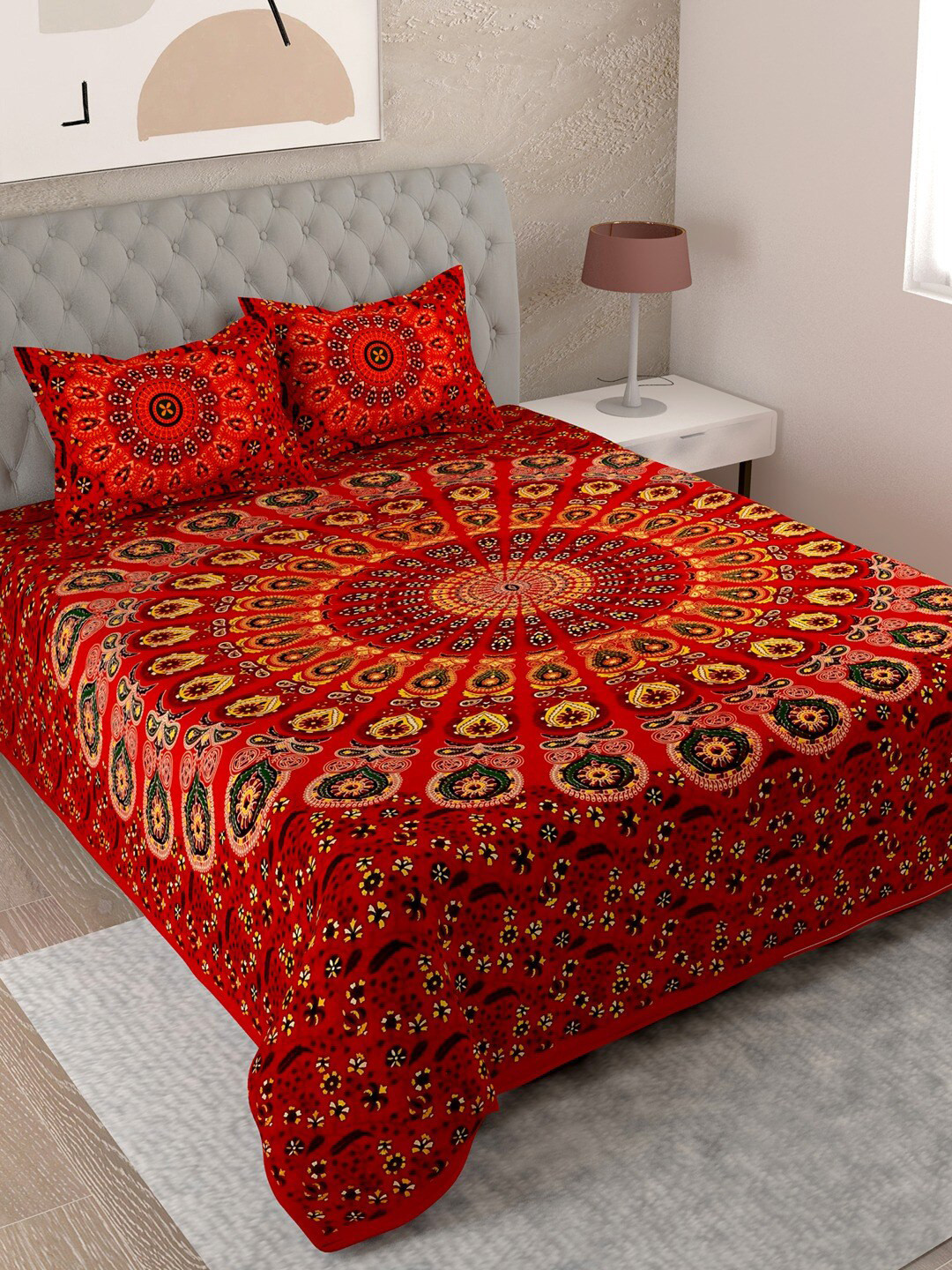 UNIQCHOICE Badmeri Red Ethnic Motifs Pure Cotton 144 TC King Bedsheet with 2 Pillow Covers-106 x 89 inches