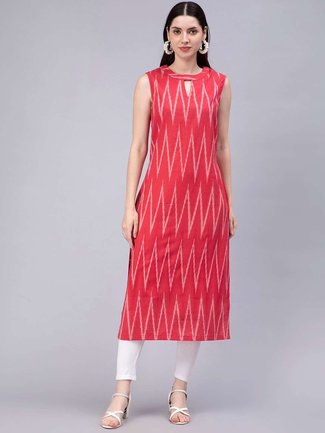 ENTELLUS Ethnic Motifs Ikkat Printed Keyhole Neck Cotton Straight Kurta