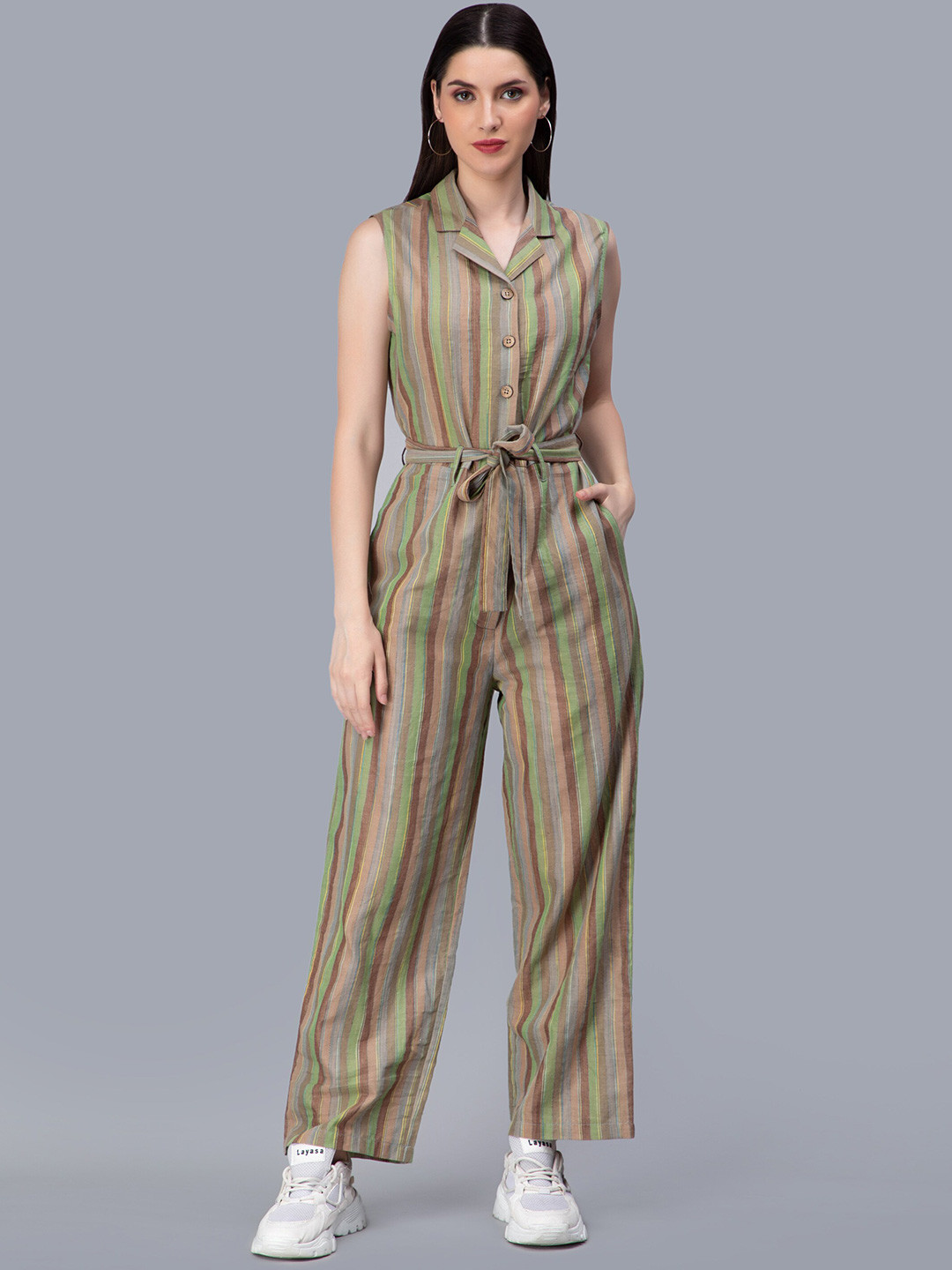 ENTELLUS Striped Cuban Collar Waist Tie-Ups Cotton Basic Jumpsuit