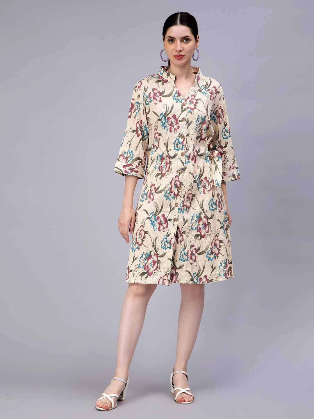 ENTELLUS Floral Printed Mandarin Collar Smocked Cotton Shirt Dress