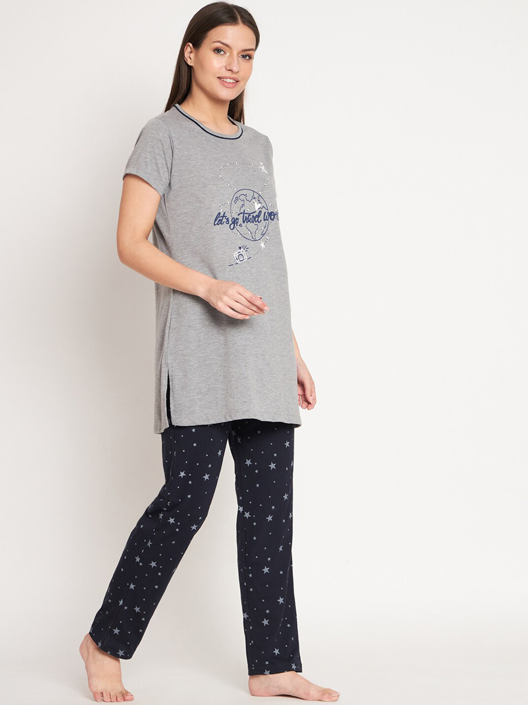 Bell Paper Typography Printed Longline Pure Cotton T-Shirt With Trousers
