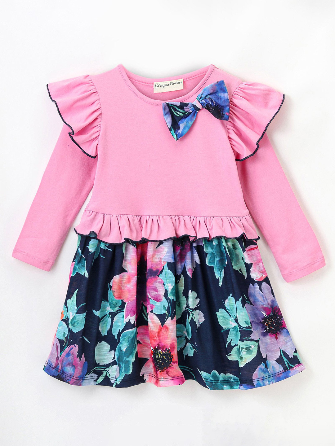 CrayonFlakes Girls Pink Floral Printed Cotton Full Sleeves Fit & Flare Dress