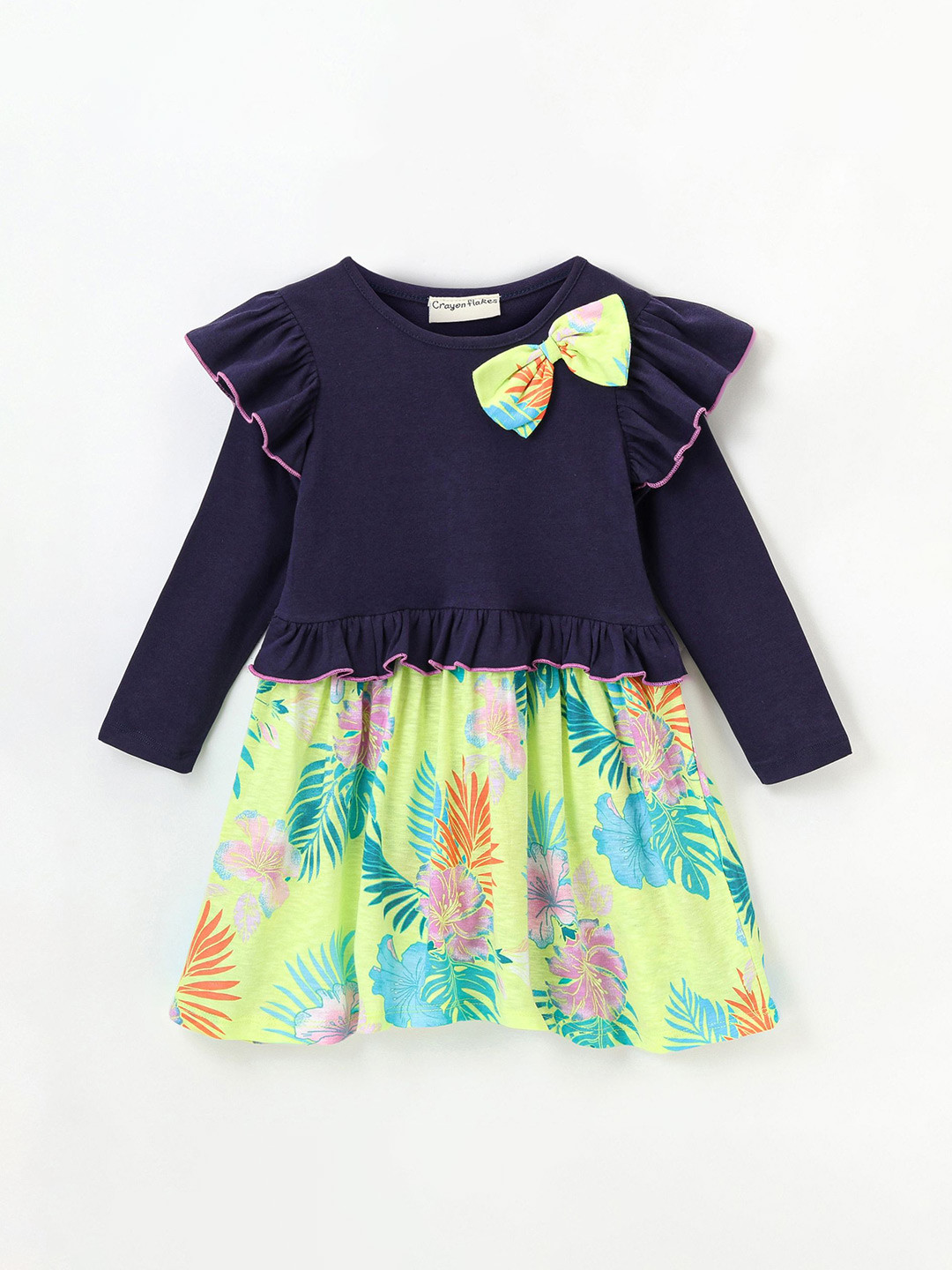 CrayonFlakes Girls Green Floral Printed Cotton Full Sleeves Fit & Flare Dress